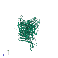Homo dimeric assembly 1 of PDB entry 1p35 coloured by chemically distinct molecules, side view.