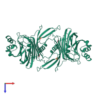 Homo dimeric assembly 2 of PDB entry 1p35 coloured by chemically distinct molecules, top view.