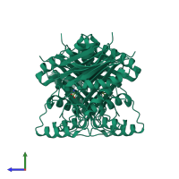 Homo dimeric assembly 1 of PDB entry 1p4v coloured by chemically distinct molecules, side view.