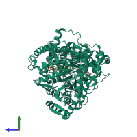 Monomeric assembly 1 of PDB entry 1p7t coloured by chemically distinct molecules, side view.