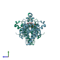 PDB entry 1pr9 coloured by chain, side view.