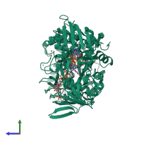PDB entry 1ps9 coloured by chain, side view.