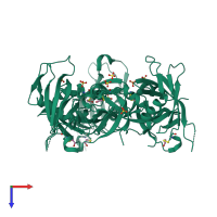 Homo trimeric assembly 1 of PDB entry 1qdn coloured by chemically distinct molecules, top view.