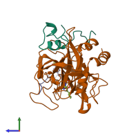 PDB entry 1qhr coloured by chain, side view.