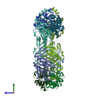 PDB entry 1qmv coloured by chain, side view.