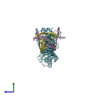 PDB entry 1qne coloured by chain, side view.