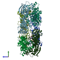 PDB entry 1qpr coloured by chain, side view.