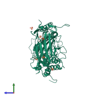 Homo dimeric assembly 1 of PDB entry 1qwt coloured by chemically distinct molecules, side view.