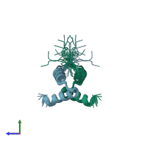 PDB entry 1r2a coloured by chain, ensemble of 17 models, side view.