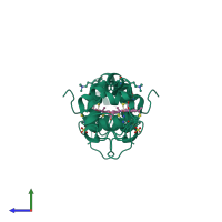 Homo dimeric assembly 1 of PDB entry 1raq coloured by chemically distinct molecules, side view.