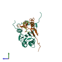 PDB entry 1rwm coloured by chain, side view.