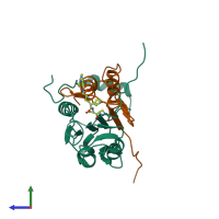 PDB entry 1rwo coloured by chain, side view.