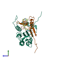 PDB entry 1rwx coloured by chain, side view.
