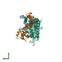 Hetero dimeric assembly 3 of PDB entry 1s26 coloured by chemically distinct molecules, side view.