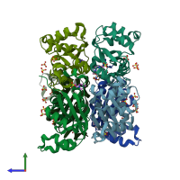 PDB entry 1s57 coloured by chain, side view.