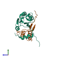 PDB entry 1sc1 coloured by chain, side view.