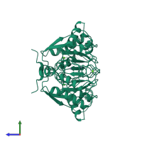 Homo dimeric assembly 1 of PDB entry 1slm coloured by chemically distinct molecules, side view.