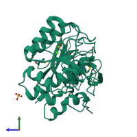 PDB entry 1st2 coloured by chain, side view.