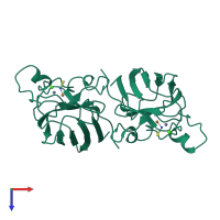 Homo dimeric assembly 1 of PDB entry 1sxs coloured by chemically distinct molecules, top view.