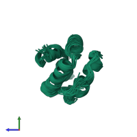 PDB entry 1t12 coloured by chain, ensemble of 10 models, side view.