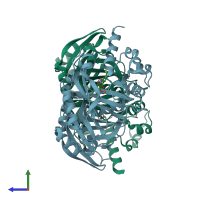 PDB entry 1t47 coloured by chain, side view.