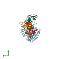 PDB entry 1t83 coloured by chain, side view.