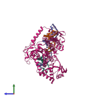 PDB entry 1t8i coloured by chain, side view.