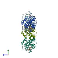 PDB entry 1t91 coloured by chain, side view.