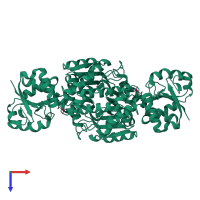 Homo dimeric assembly 1 of PDB entry 1tb4 coloured by chemically distinct molecules, top view.