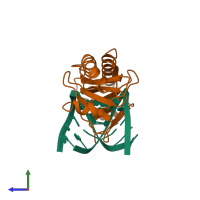 Hetero trimeric assembly 1 of PDB entry 1tgh coloured by chemically distinct molecules, side view.