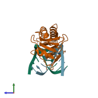PDB entry 1tgh coloured by chain, side view.