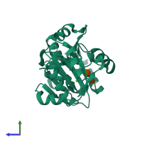 PDB entry 1tj4 coloured by chain, side view.