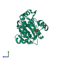 PDB entry 1tj5 coloured by chain, side view.