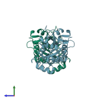 PDB entry 1tku coloured by chain, side view.