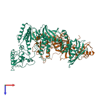 PDB entry 1tkx coloured by chain, top view.