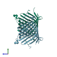 PDB entry 1tly coloured by chain, side view.