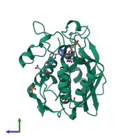 PDB entry 1tsn coloured by chain, side view.