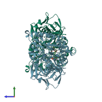 PDB entry 1tuf coloured by chain, side view.