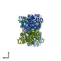 PDB entry 1txt coloured by chain, side view.