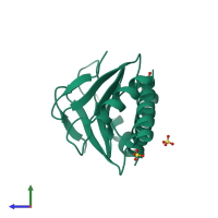 Homo dimeric assembly 1 of PDB entry 1uso coloured by chemically distinct molecules, side view.
