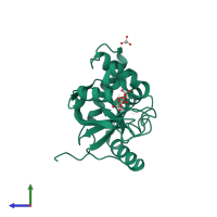 Monomeric assembly 1 of PDB entry 1uzi coloured by chemically distinct molecules, side view.