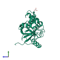 Monomeric assembly 2 of PDB entry 1uzi coloured by chemically distinct molecules, side view.