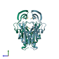 PDB entry 1vhg coloured by chain, side view.