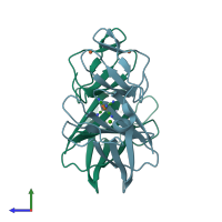 PDB entry 1vzg coloured by chain, side view.