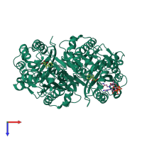 Homo dimeric assembly 2 of PDB entry 1xet coloured by chemically distinct molecules, top view.