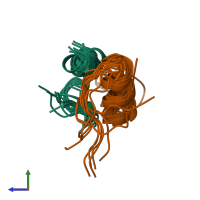 PDB entry 1xgl coloured by chain, ensemble of 10 models, side view.