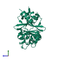 Homo dimeric assembly 2 of PDB entry 1xkf coloured by chemically distinct molecules, side view.