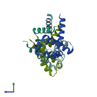 PDB entry 1xwr coloured by chain, side view.