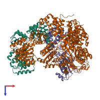 Hetero pentameric assembly 2 of PDB entry 1xxi coloured by chemically distinct molecules, top view.