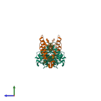 Hetero tetrameric assembly 2 of PDB entry 1y75 coloured by chemically distinct molecules, side view.
